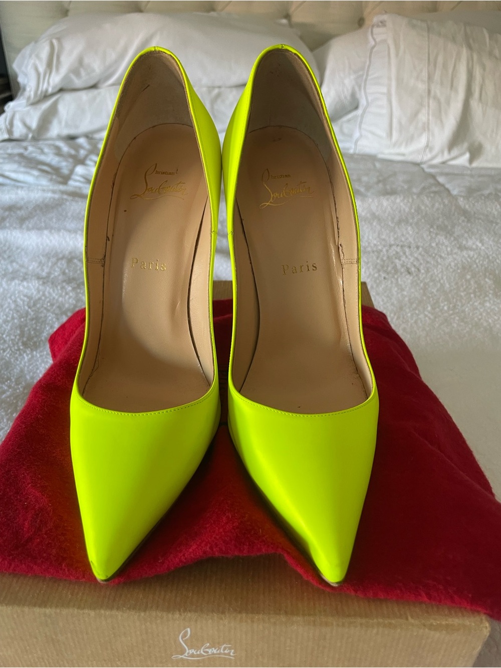 Christian Louboutin Neon Yellow Patent Pointed-Toe Pumps Sz 39